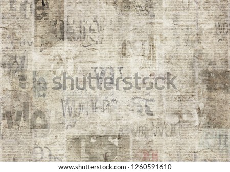 Newspaper with old unreadable text. Vintage grunge blurred paper news texture horizontal background. Textured page. Gray beige collage. Front top view.