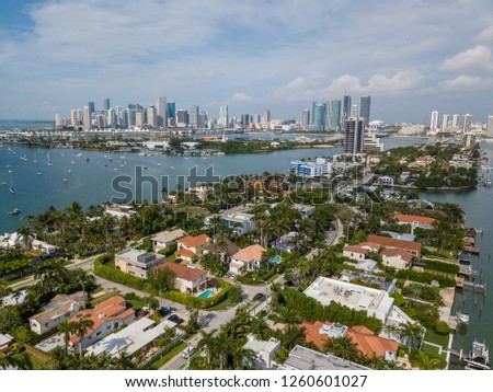 Drone shot facing southwest over the Venetian Islands in Miami