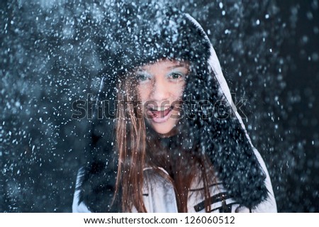  smile close up portrait girl in fur cap