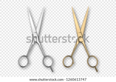 Vector 3d Realistic Silver and Gold Metal Opened Stationery Scissor Icon Set Closeup Isolated on Transparency Grid Background. Design Template of Classic Scissors for Graphics, Mockup. Top View