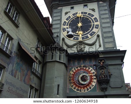 The Clock Tower or Zeitglockenturm in the city center of Bern - the capital of the Swiss Confederation