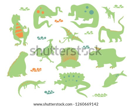 Dino characters. Cute funny dinosaurs illustration vector set isolated on background. Illustration for kids, boys, girls, t-shirt, clothes, games, cards.