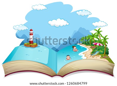 Open book summer beach holiday theme illustration