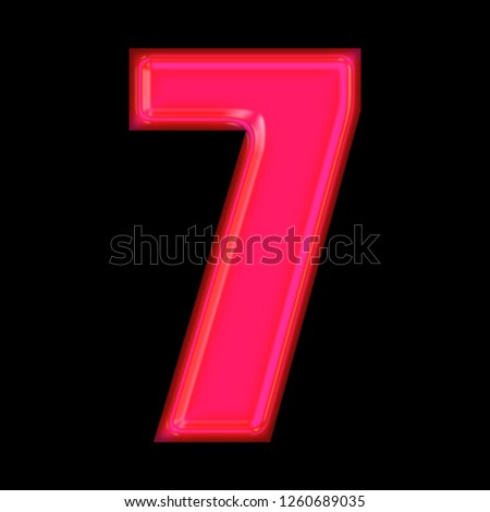 Glowing neon pink glass number seven 7 in a 3D illustration with a shiny bright pink glow and vintage old bold font type style isolated on black background with clipping path