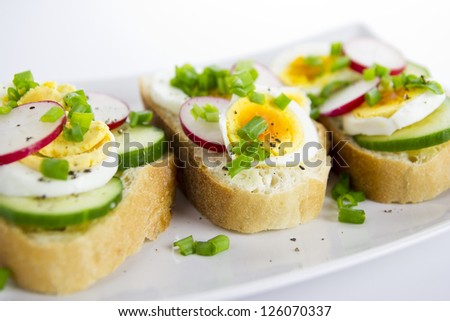 fresh sandwiches with eggs, radish, cucumber and chives