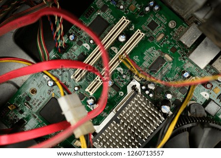 Electronic circuit Board known as a Motherboard in a desktop CPU in a PC.