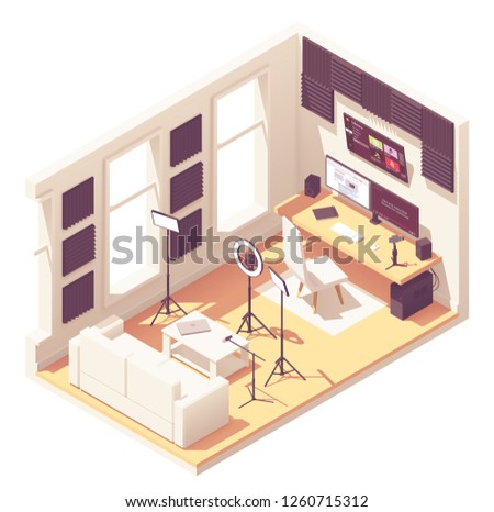 Video blogger or vlogger home studio workspace. Vector isometric room cross-section with acoustic panels, desk, desktop pc, DSLR camera, studio lighting kit, microphone and smartphone with steadicam