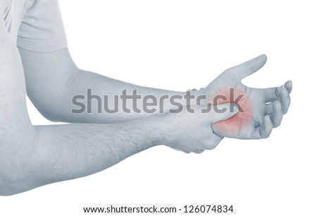 Acute pain in a man palm. Male holding hand to spot of palm-ache. Concept photo with Color Enhanced blue skin with read spot indicating location of the pain. Isolation on a white background.