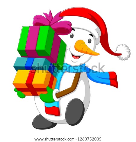 a kind snowman is holding a big box of gift for christmas