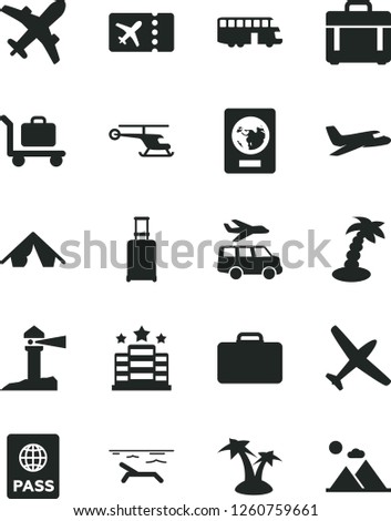 Solid Black Vector Icon Set - case vector, passport, coastal lighthouse, helicopter, plane, bus, suitcase, rolling, ticket, tent, beach, palm tree, baggage, hotel, transfer, mountains
