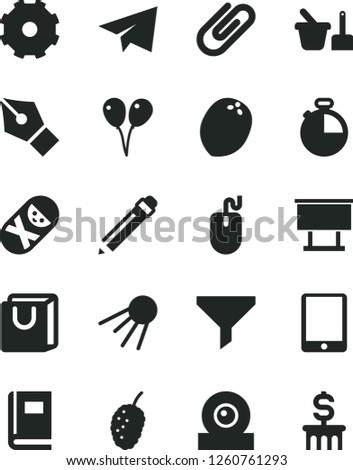 Solid Black Vector Icon Set - truck lorry vector, graphite pencil, paper airplane, tumbler, toy sand set, colored air balloons, timer, bag with handles, artificial satellite, clip, tasty mulberry