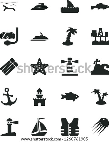 Solid Black Vector Icon Set - anchor vector, small fish, commercial seaport, lighthouse, coastal, sand castle, sail boat, beach, palm tree, starfish, diving mask, surfing, life vest, jet ski, yacht
