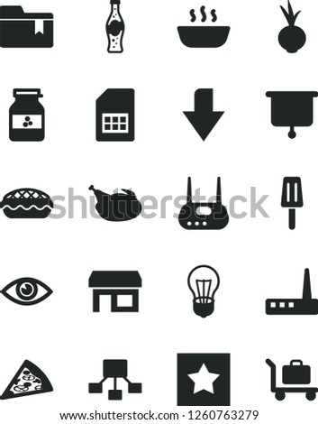 Solid Black Vector Icon Set - downward direction vector, folder bookmark, eye, piece of pizza, apple pie, hot porridge, chicken, beet, bottle soda, popsicle, jar jam, bulb, SIM card, stall, router