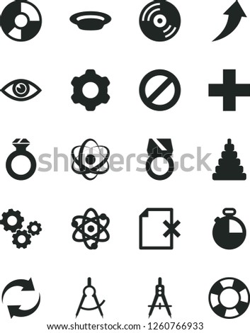 Solid Black Vector Icon Set - prohibition vector, renewal, plus, stacking toy, cogwheel, eye, timer, CD, delete page, plate, scribed compasses, Measuring, gears, ring diagram, atom, diamond, gold
