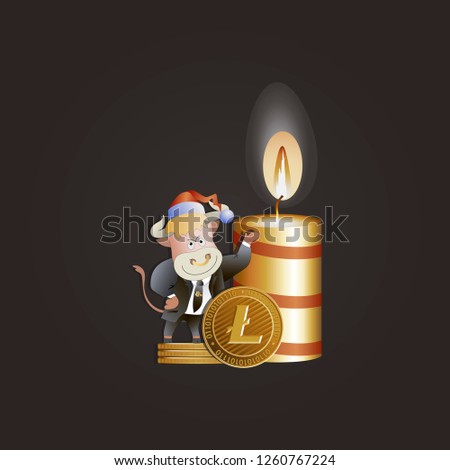 Bull businessman shows growth Litecoin. Christmas candle. Cryptography, illustration of financial technology, cryptocurrency strategy game. Cartoon style.	