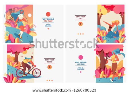 Set of pastel bright banners with sport girls in gradient flat style. Healthy and wellness lifestyle. Young people doing yoga, jogging, jumping with rope and riding bycicle. Design good for web  Royalty-Free Stock Photo #1260780523