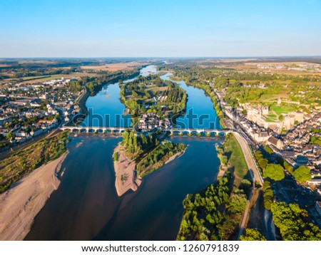 Chateau d'Amboise aerial panoramic view. It is a chateau in Amboise city, Loire valley in France. Royalty-Free Stock Photo #1260791839