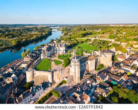 Chateau d'Amboise aerial panoramic view. It is a chateau in Amboise city, Loire valley in France. Royalty-Free Stock Photo #1260791842