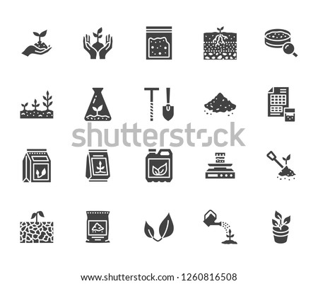 Soil testing flat glyph icons set. Agriculture, planting vector illustrations, hands holding ground with spring, plant fertilizer. Signs for agrology survey. Solid silhouette pixel perfect 64x64. Royalty-Free Stock Photo #1260816508