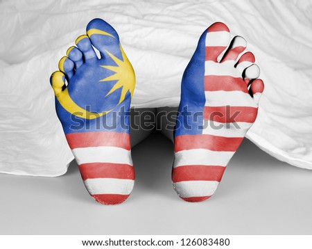 Dead body under a white sheet, flag of Malaysia