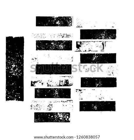 Ink stamped bars and brush strokes with grungy dirty splatter marks in a black and white vector design
