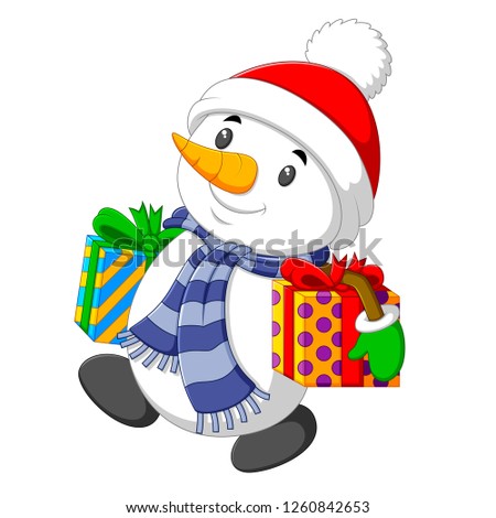 vector illustration of a kind snowman is carrying two big box gift for the christmas