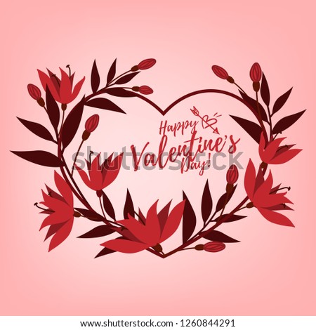 Valentine's day background of cute flowers branches around heart frame with Happy Valentine's Day text on pink background. Concept of love and Valentines day. Vector illustration.