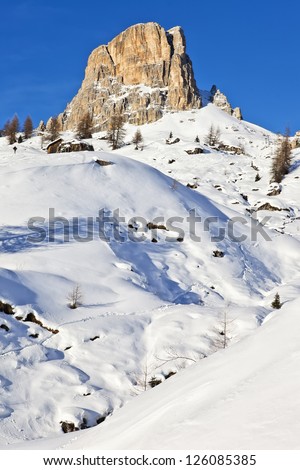 View of the Nuvolau at Giau pass at the Dolomite Alps, Italy