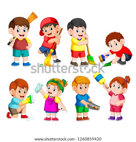 vector illustration of a group of children holding the cleaning tools to clean something