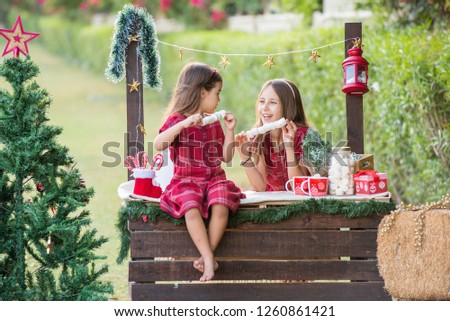 Two cute young girls playing and eating marshmallows in Christmas decorated garden in Dubai