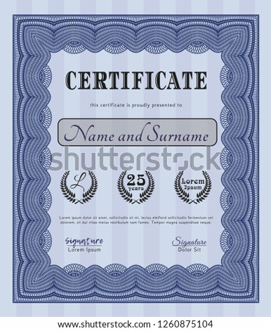 Blue Diploma template or certificate template. With background. Cordial design. Vector illustration. 