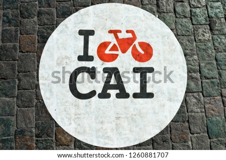 Bicycle lane sign on a cobblestoned street in Cairo, Egypt.