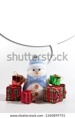 snow man doll with gift box isolated white background.With top large white text box.
