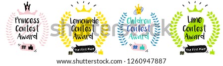 Series of Cute Funny Award Badges for Children's Contest. Interactive Pin or Princess Badge in a Comic Cute Trendy Style with a Palm Branch, Crown, Thumb up, Hash and Dialog Bubble.