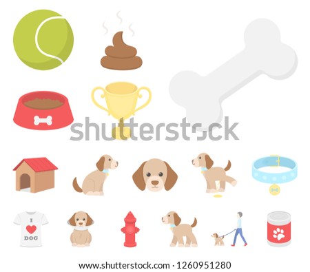 Pet dog cartoon icons in set collection for design. Caring for the puppy vector symbol stock web illustration.
