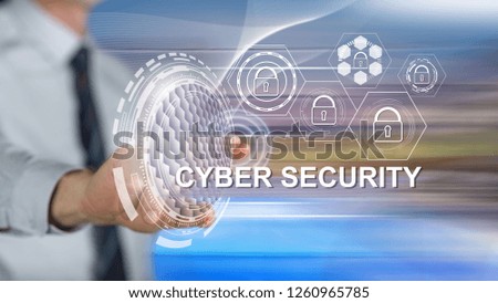 Man touching a cyber security concept on a touch screen with his finger