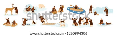 Bundle of Eskimo men, women and children in traditional folk costumes. Collection of northern indigenous people fishing, hunting bear, dancing, building igloo. Flat cartoon vector illustration. Royalty-Free Stock Photo #1260994306