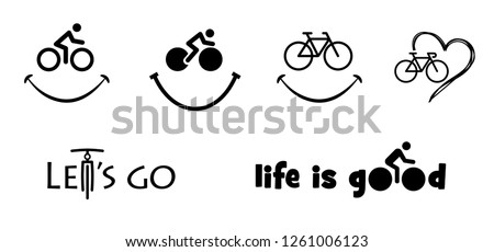 Caotoon silhouette, happy smile face. World Bicycle day, health day race tour Sport icon Cyclist, cycling Flat vector bike pictogram.  slogan Lets's go and life is good. Mamil, mawil