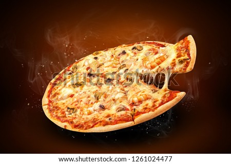 Concept horizontal promotional flyer and poster for Restaurant pizzeria menu with delicious taste seafood pizza and slice, mozzarella cheese and copy space for your promo text. Royalty-Free Stock Photo #1261024477