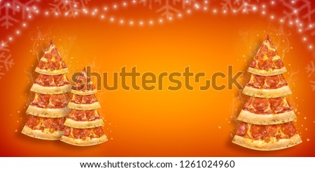 Christmas promotion flyer with pizza slice in shape of Christmas tree with copy space. Creative concept new year poster pizza.
