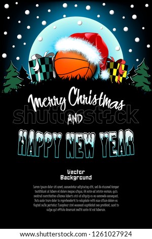 Christmas and new year pattern. Basketball ball in santa hat, gift boxes, firs on the background of the moon and snowflakes. Pattern for banner, poster, greeting card, invitation. Vector illustration