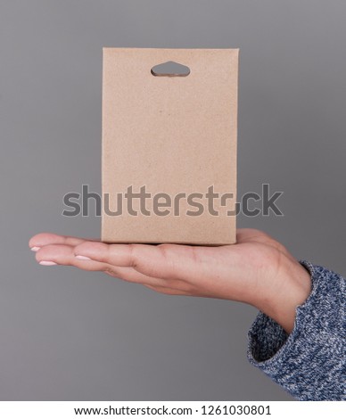 Woman hand holding blank carton box. Mockup for design