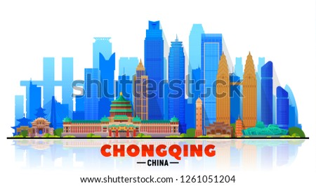 Chongqing China skyline with panorama in white background. Vector Illustration. Business travel and tourism concept with modern buildings. Image for banner or web site.
