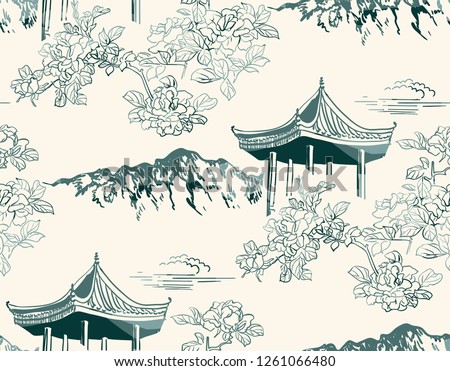 mountain flower blossom arbor nature landscape view vector sketch illustration japanese chinese oriental line art ink seamless pattern Royalty-Free Stock Photo #1261066480