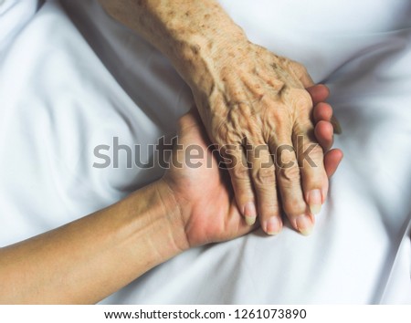 Closeup, Hands of an elderly woman holding the hand of a younger woman. Medical and healthcare concept.
