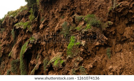 Stone background, rough rock geological formation.
Texture background in natural pattern of cracked and broken stone surface in beige, brown/red and yellow color shades with green moss. Abstract.