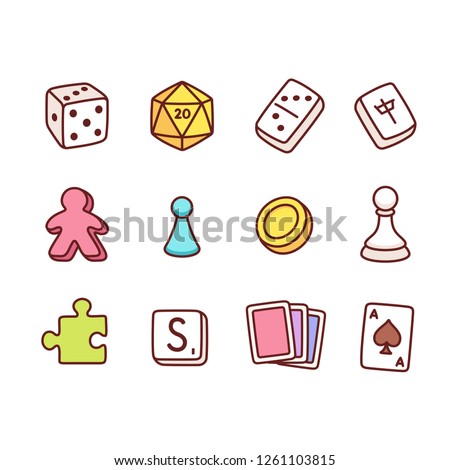 Board game icons in hand drawn cartoon style. Dice and play pieces, markers and cards. Vector clip art illustration.