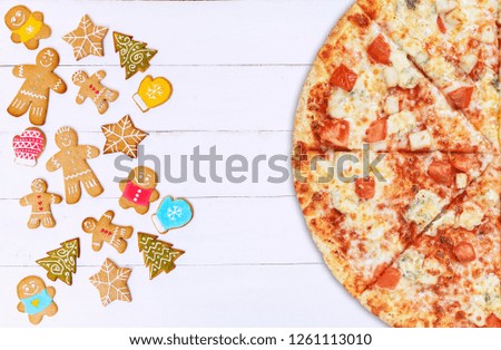 Christmas pizza. concept of pizza stock and sales in the Christmas and New Year holidays