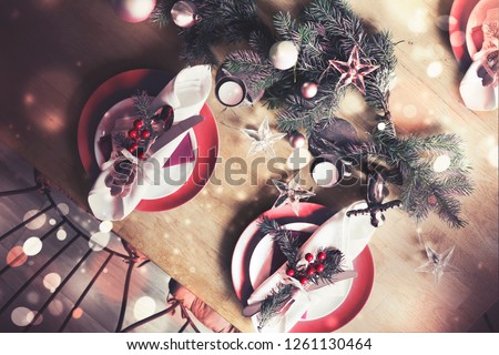 Christmas table setting. Holiday background
