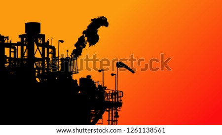 The factory emits toxic fumes to heat up every year, causing global warming and greenhouse conditions, Silhouette of power plant on gradient orange background